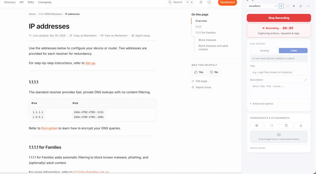 The recorder panel docked beside the page under test